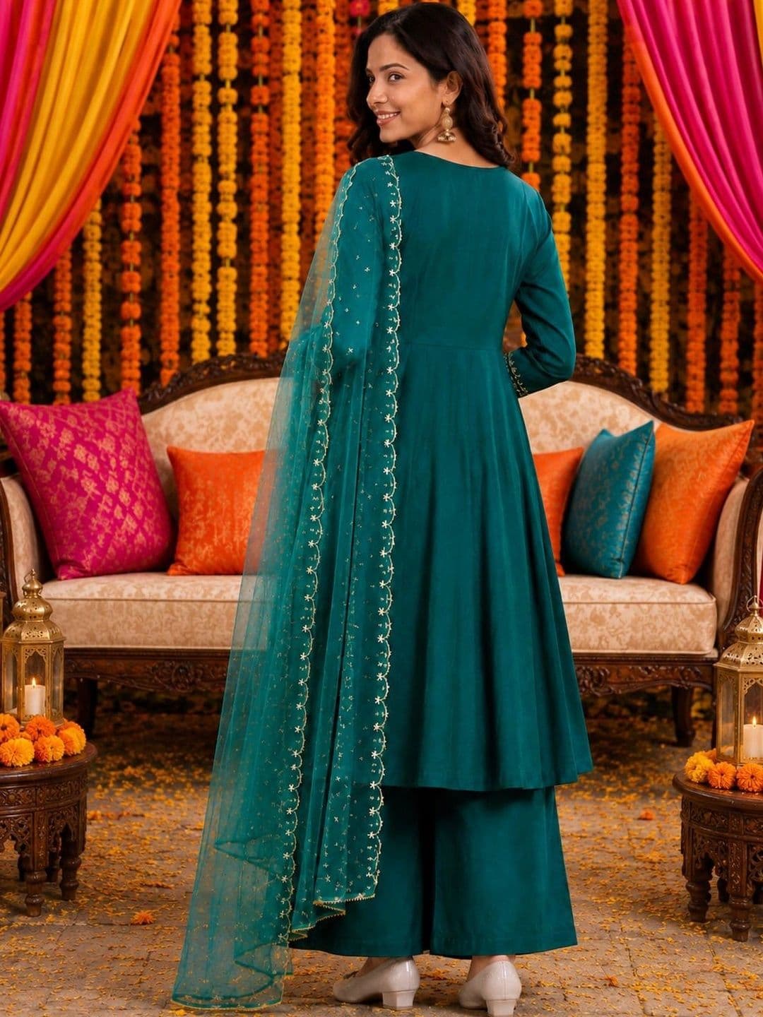 KALINI Women Ethnic Motifs Embroidered Empire Pure Silk Kurta with Palazzos & With Dupatta thumbnail 4