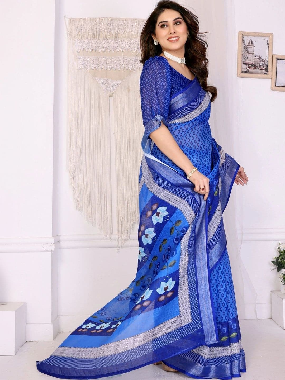 VS MALL Floral Linen Blend Saree thumbnail 2