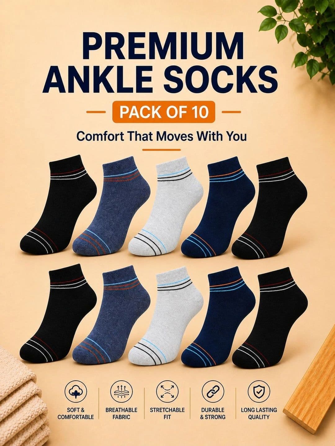 ADDOSSO Men Pack of 10 Cotton Assorted Striped Ankle Length Socks thumbnail 4