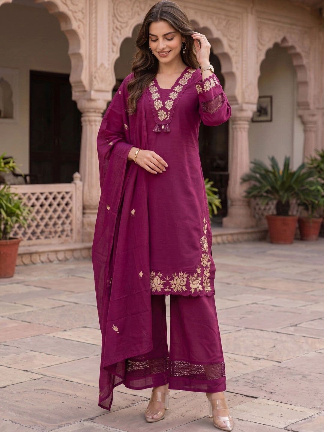 Sangria Women Ethnic Motifs Embroidered Regular Thread Work Pure Cotton Kurta with Palazzos & With Dupatta thumbnail 4