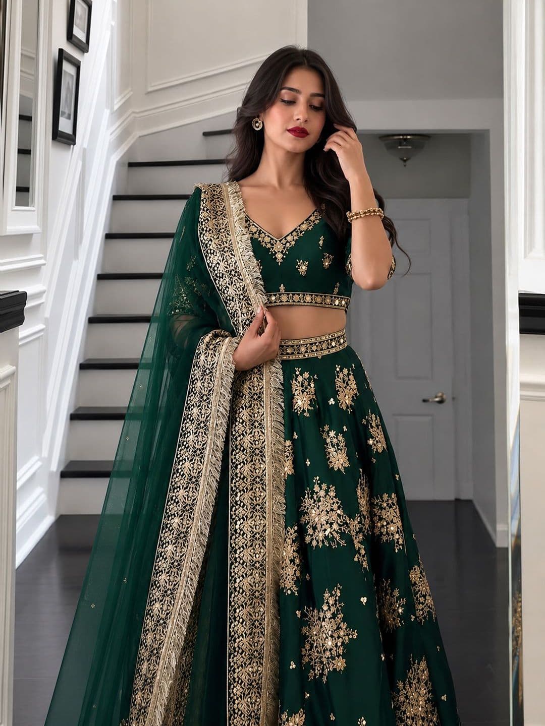 House of Pataudi Embroidered V-Neck Flared Lehenga Choli thumbnail 2