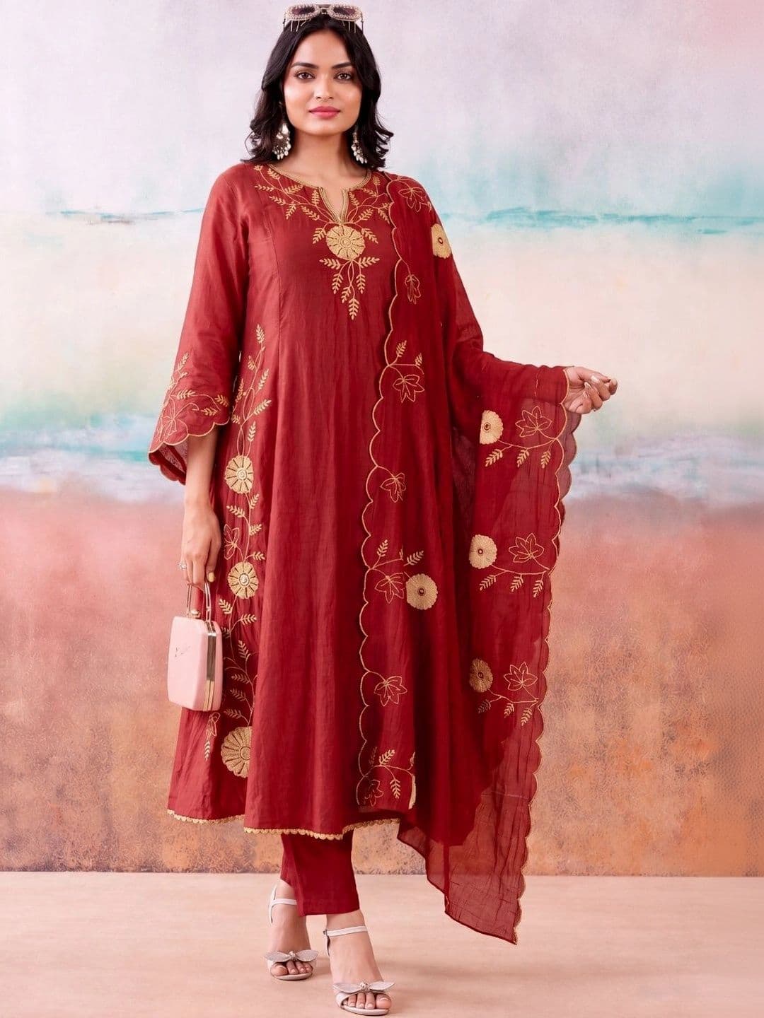 Anouk Women Floral Embroidered Regular Thread Work Chanderi Silk Kurta with Trousers & With Dupatta thumbnail 5
