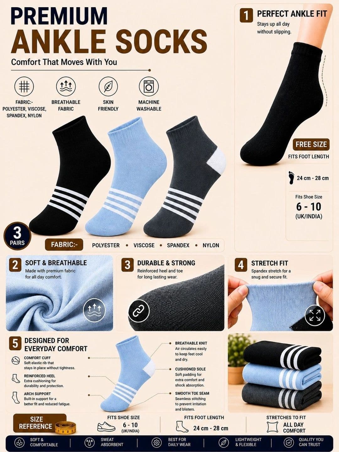 ADDOSSO Men Pack of 3 Cotton Assorted Striped Ankle Length Socks thumbnail 4