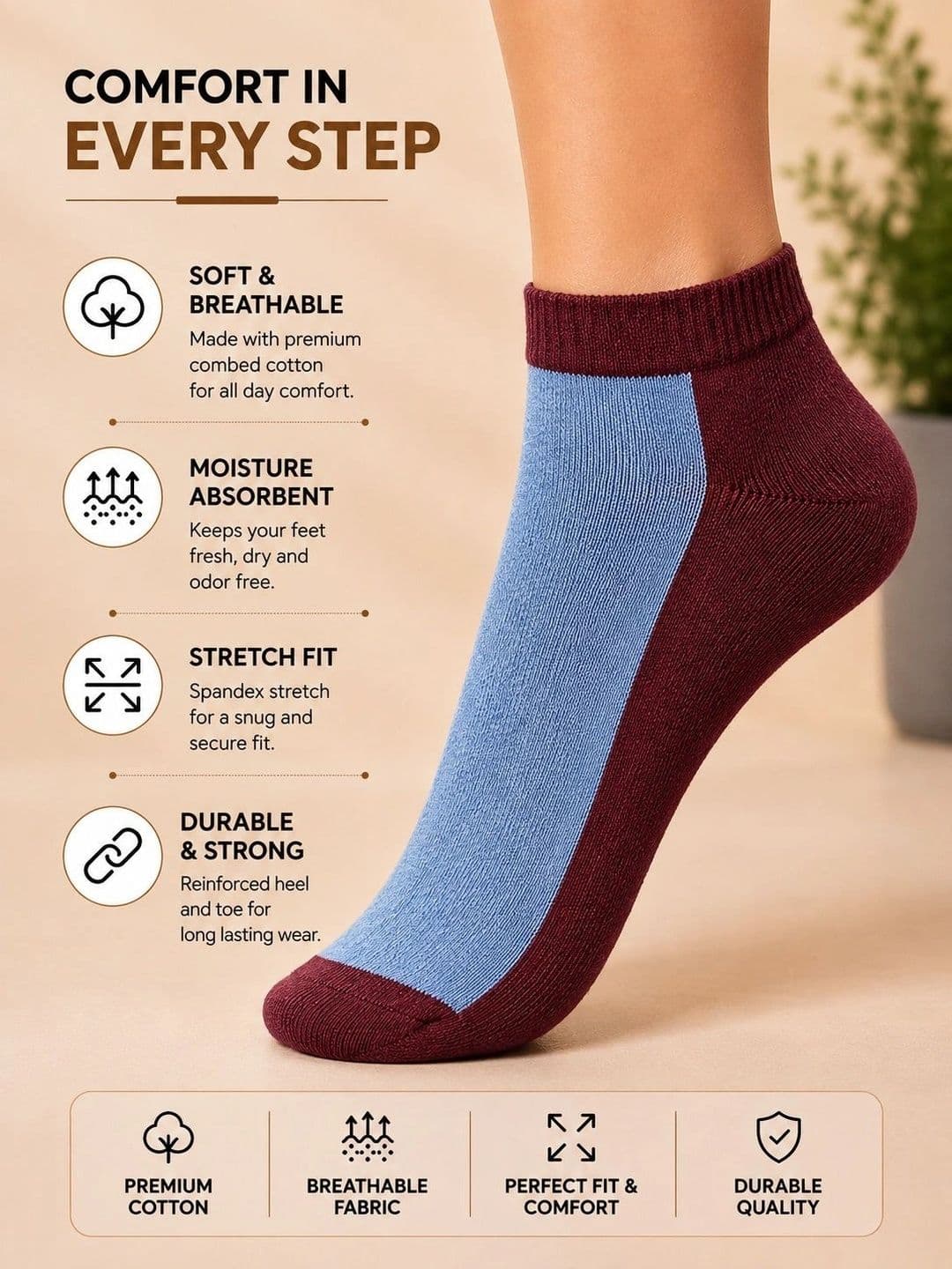 ADDOSSO Men Pack of 5 Cotton Assorted Colourblocked Ankle Length Socks thumbnail 2