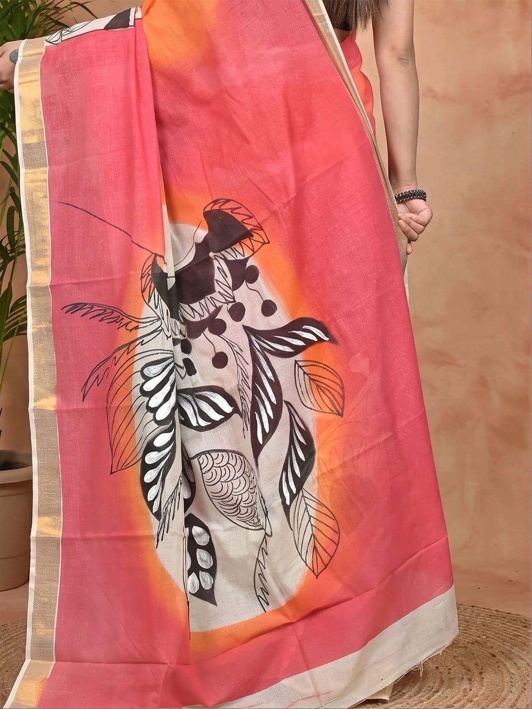 PuJoy Ethnic Motifs Sequinned Pure Cotton Handloom Taant Saree thumbnail 4