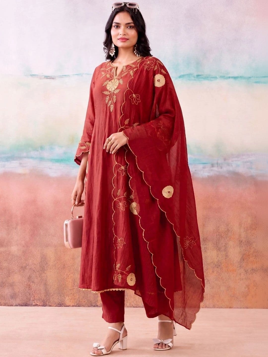 Anouk Women Floral Embroidered Regular Thread Work Chanderi Silk Kurta with Trousers & With Dupatta thumbnail 2