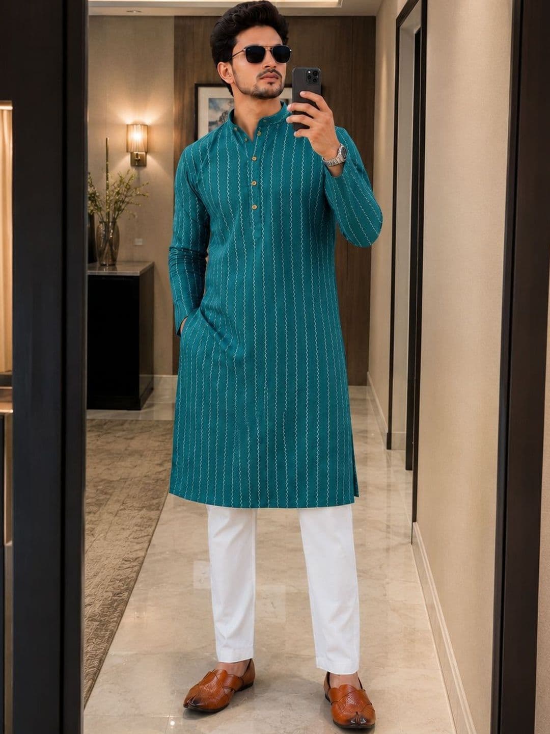 Anouk Men Pure Cotton Self Pattern Long Kurta thumbnail 3