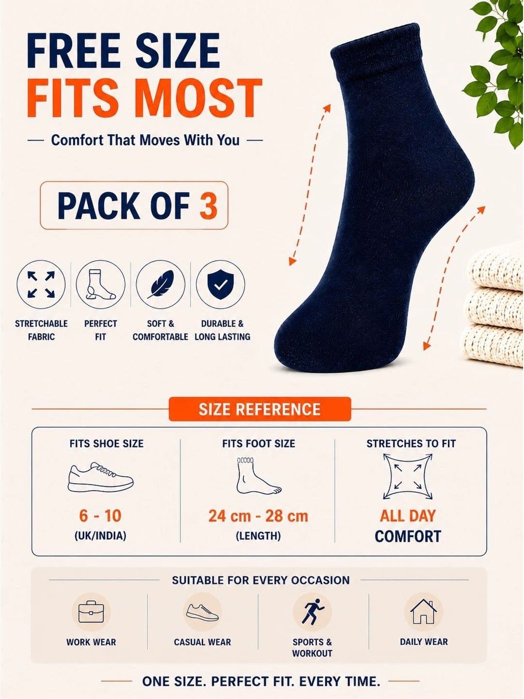 ADDOSSO Men Pack of 3 Cotton Assorted Ankle Length Socks thumbnail 3