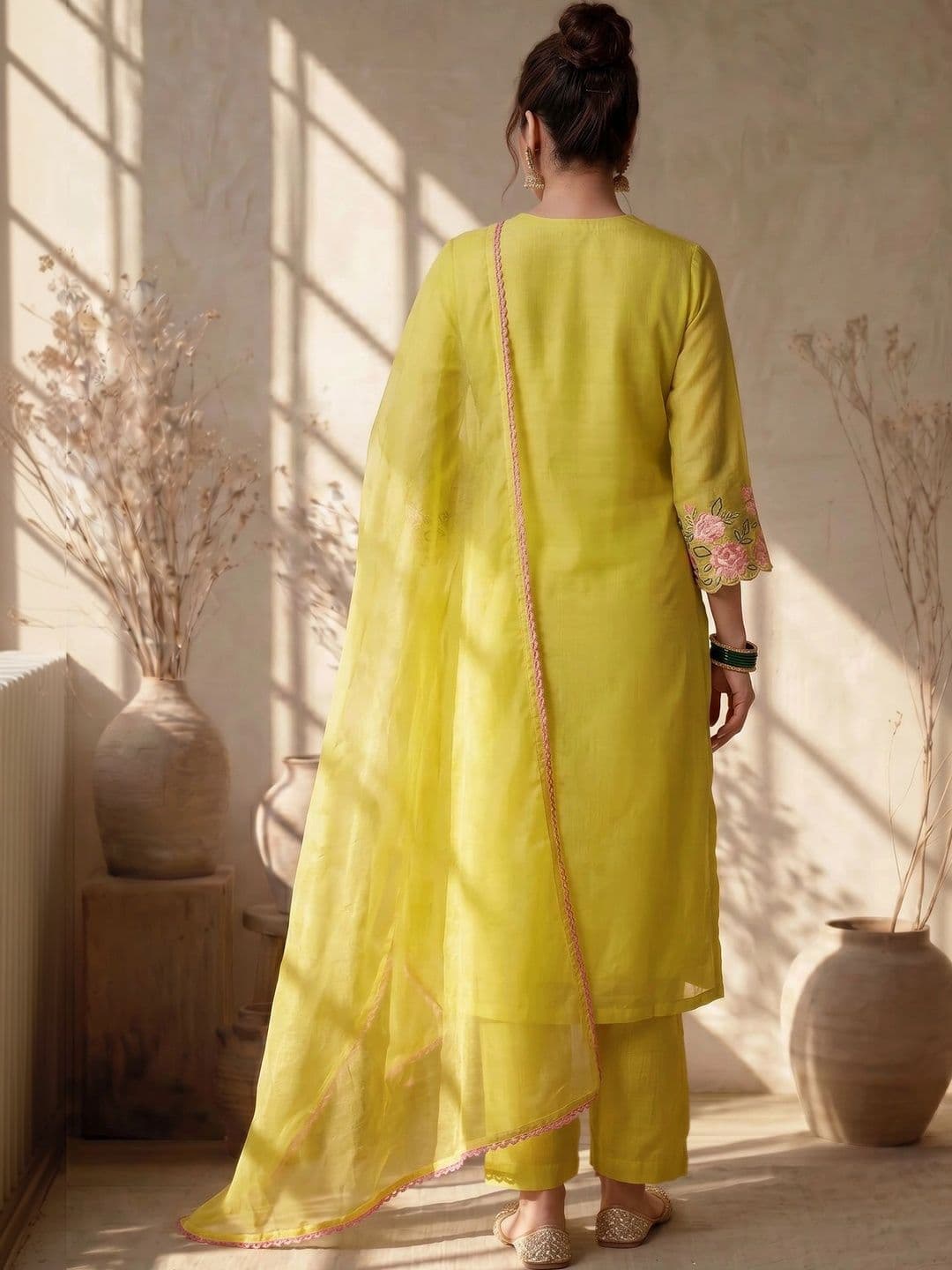 AVANSHEE Women Floral Embroidered Regular Thread Work Chanderi Cotton Kurta with Trousers & With Dupatta thumbnail 3