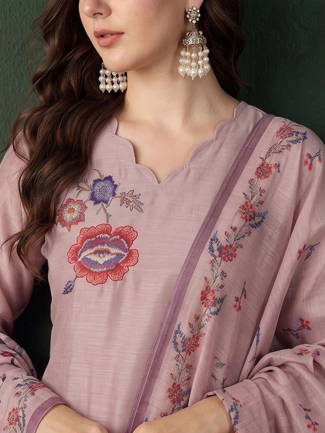 Sangria Women Floral Embroidered Regular Thread Work Chanderi Silk Kurta with Trousers & With Dupatta thumbnail 6
