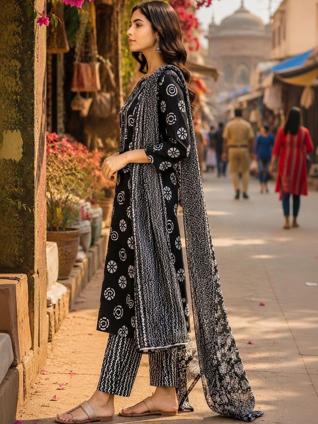 Three Boganvilla Women Ethnic Motifs Printed Regular Pure Cotton Kurta with Trousers & With Dupatta thumbnail 2