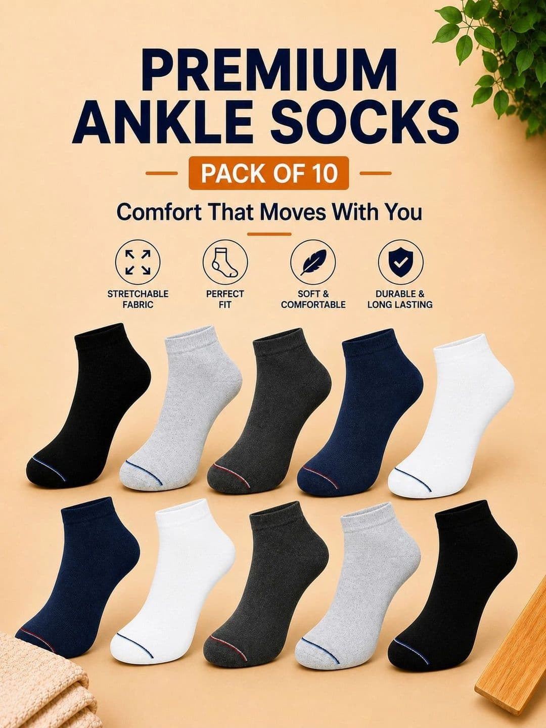 ADDOSSO Men Pack of 10 Cotton Assorted Ankle Length Socks thumbnail 2