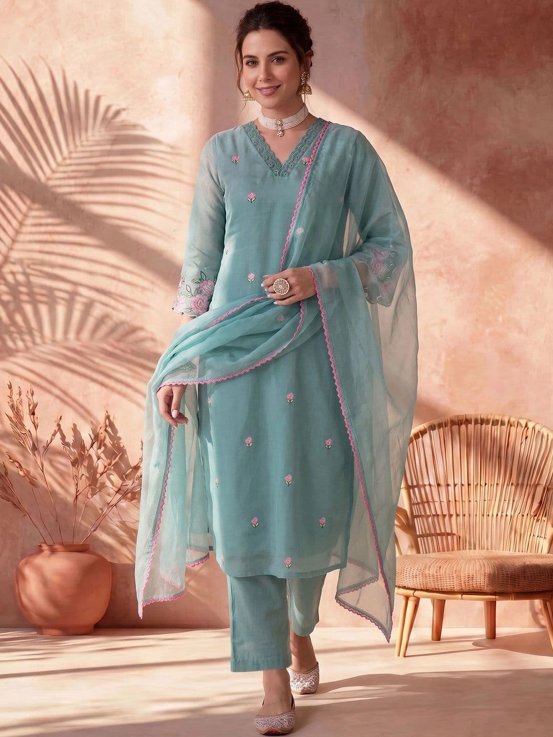 AVANSHEE Women Embroidered Chanderi Cotton Kurta with Trousers & With Dupatta - view 1