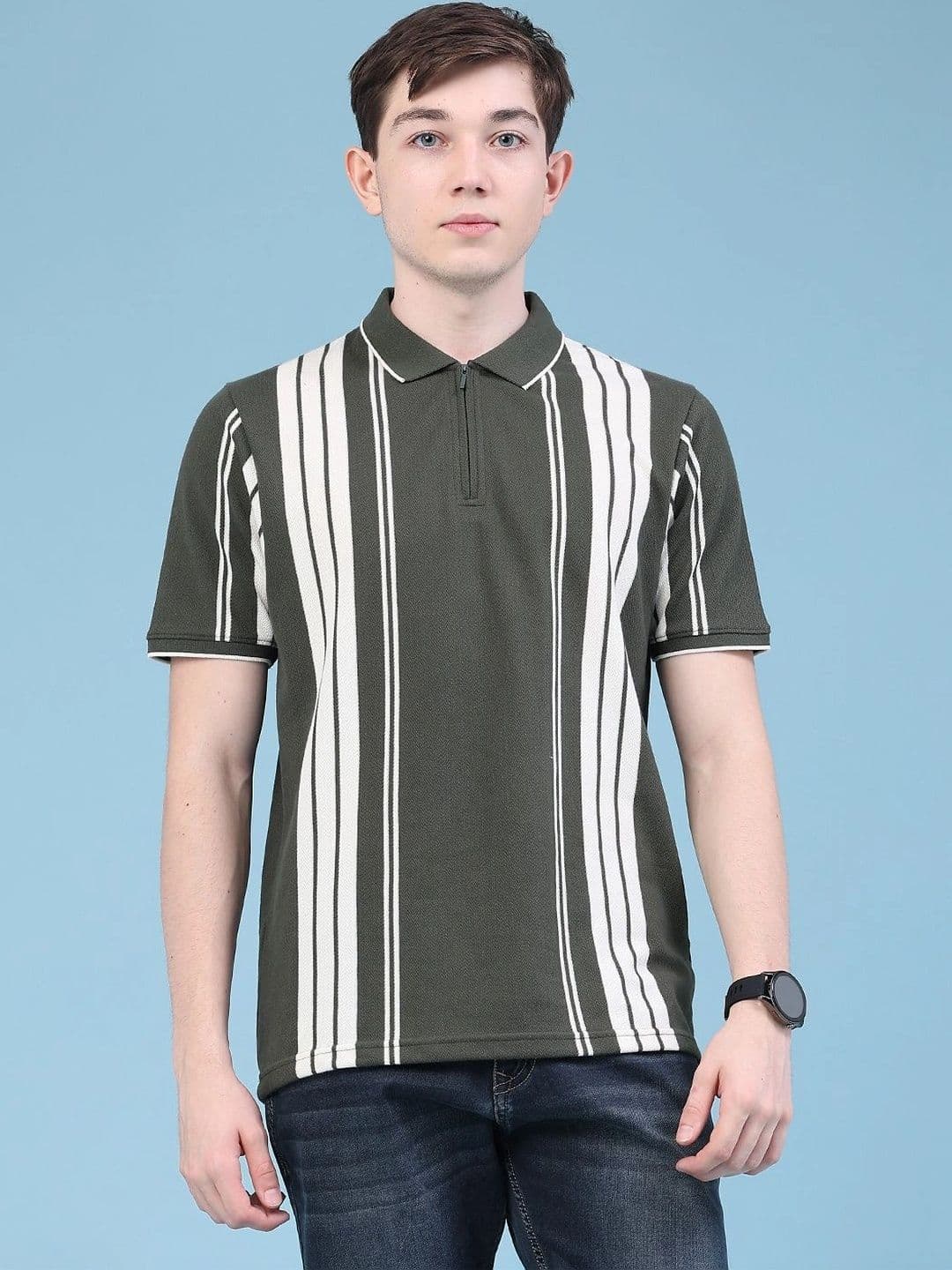 V-Mart Men Striped Polo Collar T-shirt - view 1