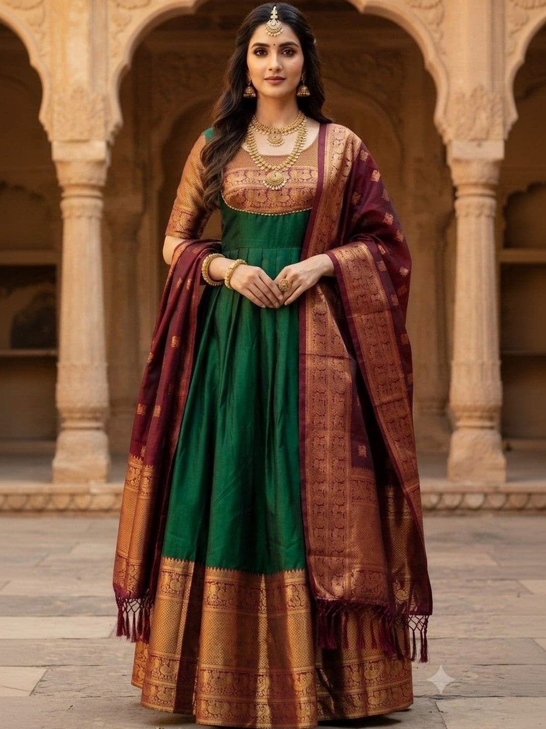 SmileyFashion Woven Design Round Neck Maxi Dress With Dupatta - view 1