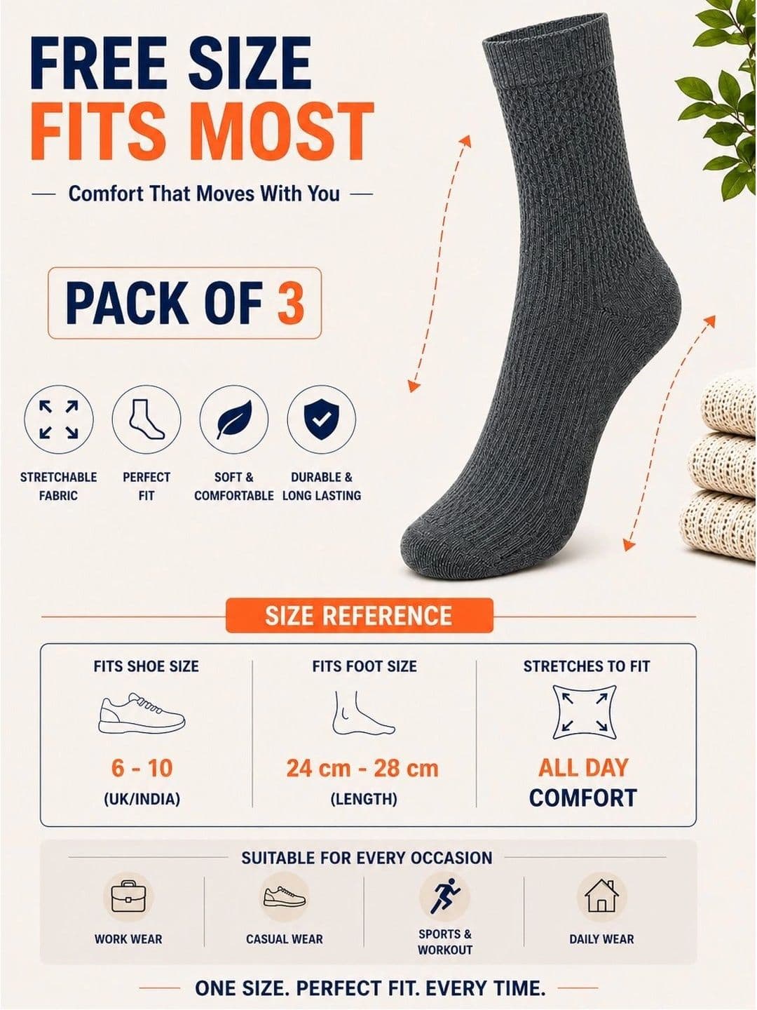 ADDOSSO Men Pack of 3 Cotton Assorted Calf Length Socks thumbnail 5