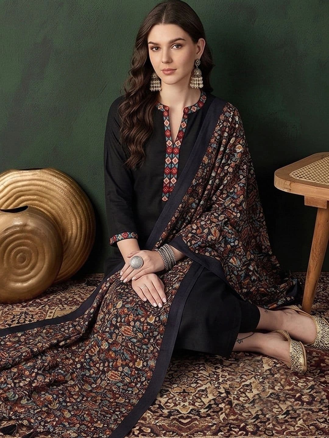 Sangria Women Ethnic Motifs Embroidered Regular Thread Work Pure Cotton Kurta with Trousers & With Dupatta thumbnail 3