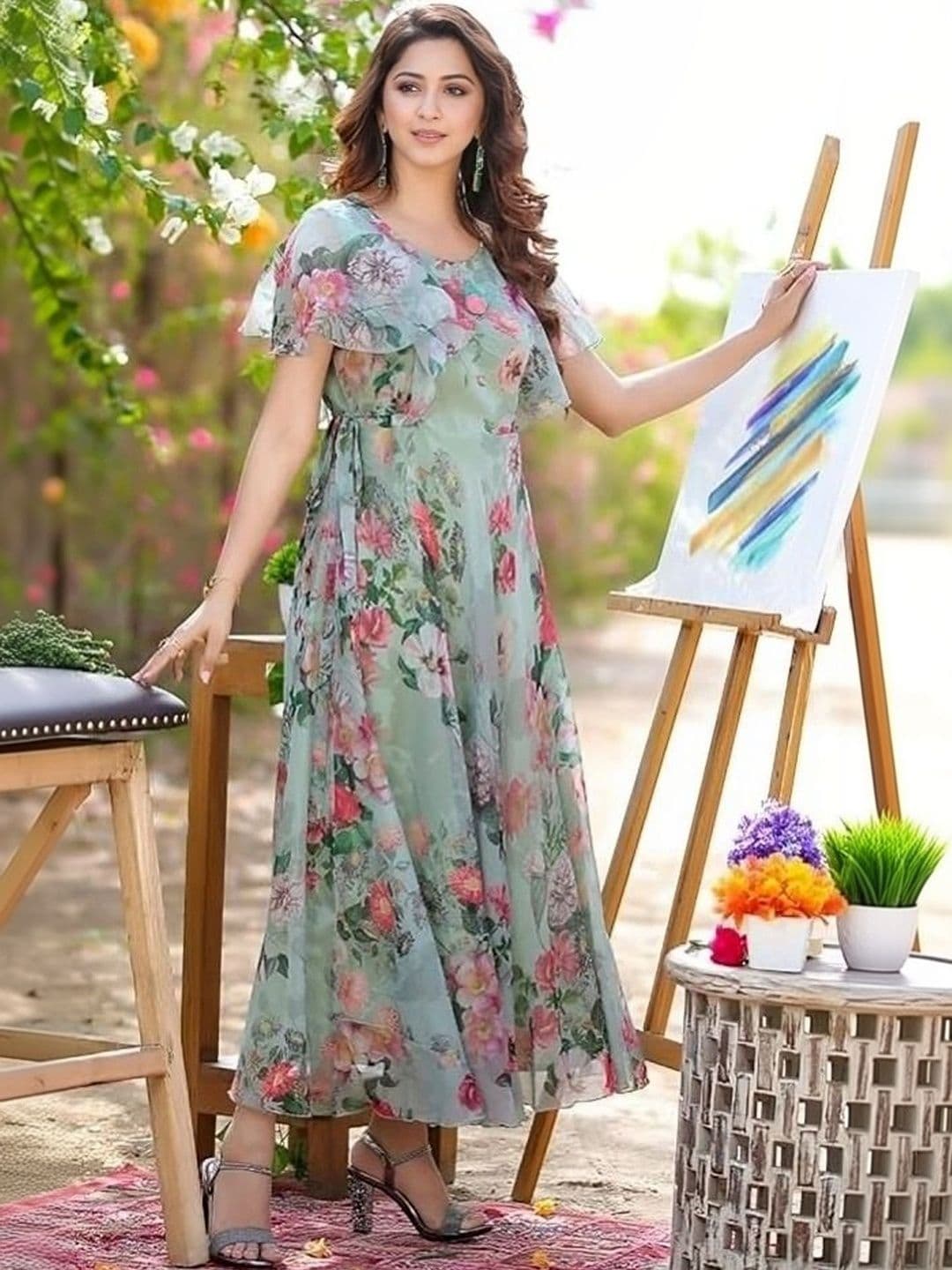 JS CREATIVE Floral Print Flutter Sleeve Ruffled Georgette A-Line Maxi Dress - view 1