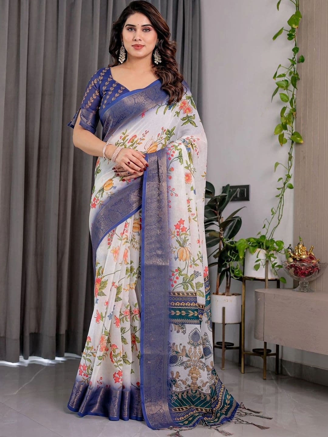 VS MALL Floral Zari Linen Blend Saree - view 1
