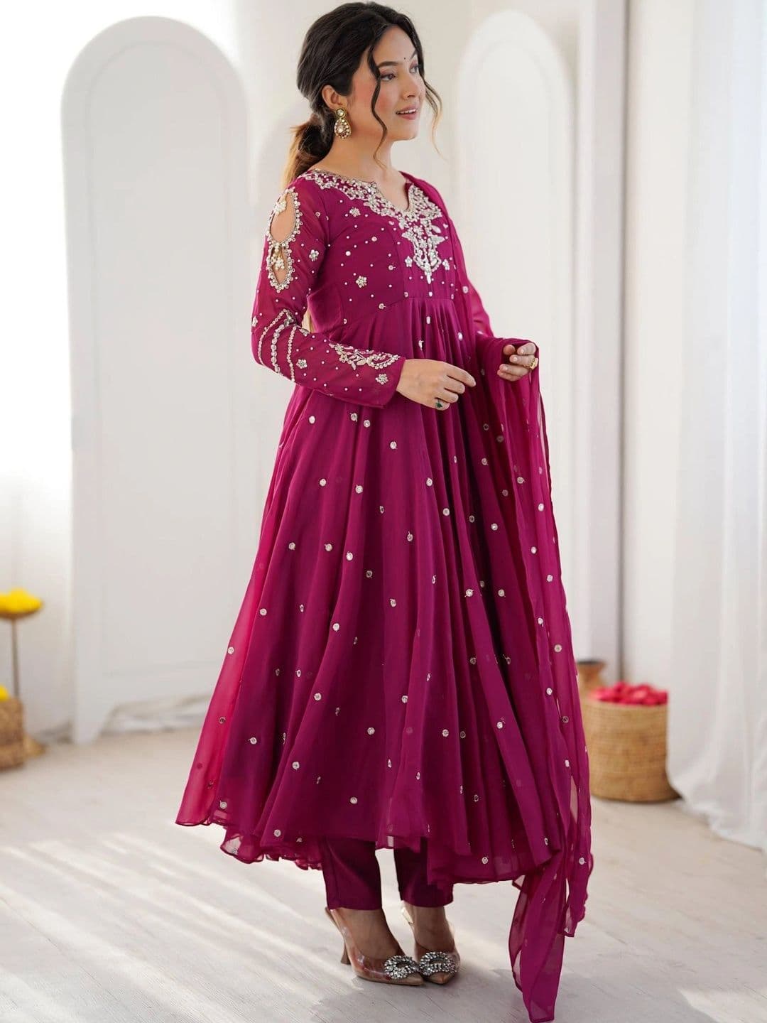 NORAFLEX Women Empire Sequinned Silk Georgette Kurta with Trousers & With Dupatta thumbnail 5