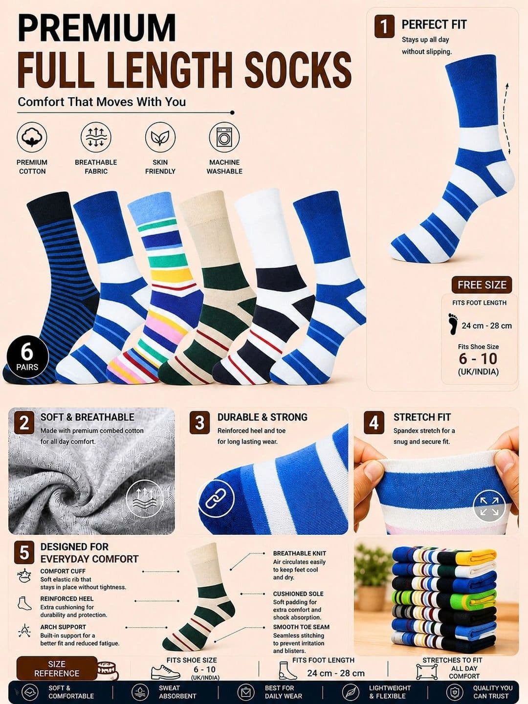 ADDOSSO Men Pack of 6 Cotton Assorted Striped Calf Length Socks thumbnail 3