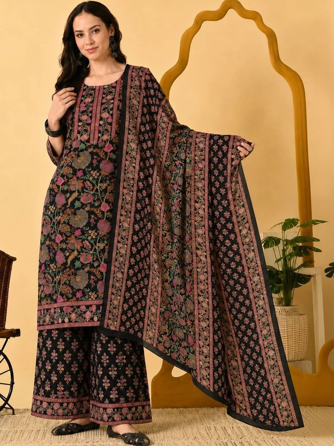 Sangria Women Ethnic Motifs Printed Regular Pure Cotton Kurta with Palazzos & With Dupatta - view 1