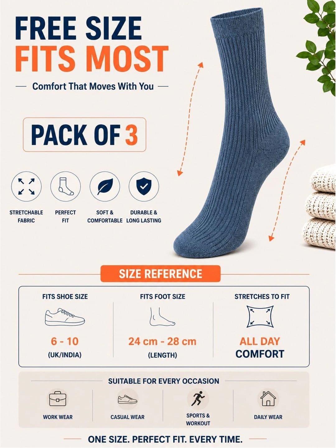 ADDOSSO Men Pack of 3 Cotton Assorted Calf Length Socks thumbnail 3
