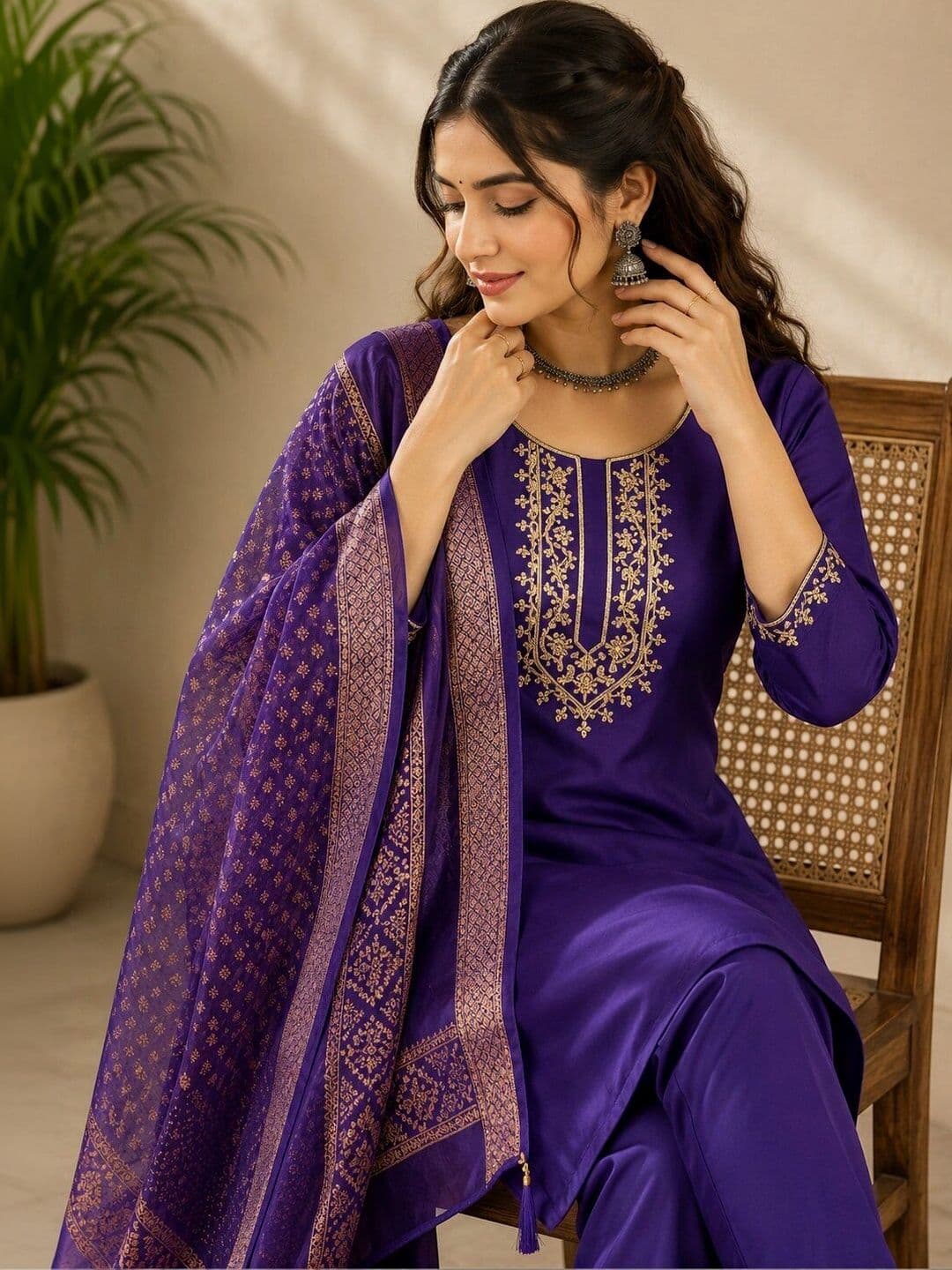 KALINI Women Ethnic Motifs Embroidered Regular Thread Work Kurta with Trousers & With Dupatta thumbnail 4