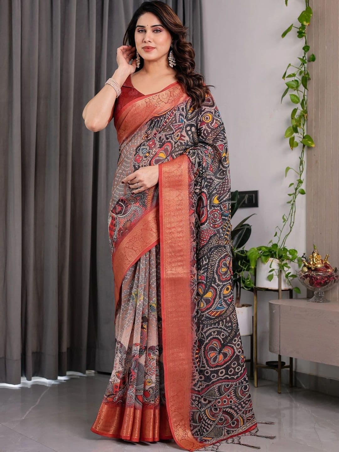 VS MALL Kalamkari Zari Linen Blend Saree thumbnail 6