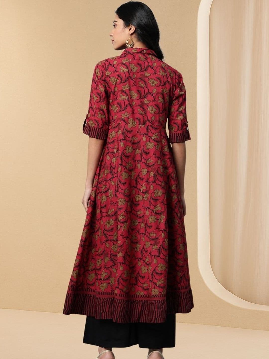 KALINI Floral Printed Shirt Collar Roll-Up Sleeves Cotton Anarkali Kurta thumbnail 4