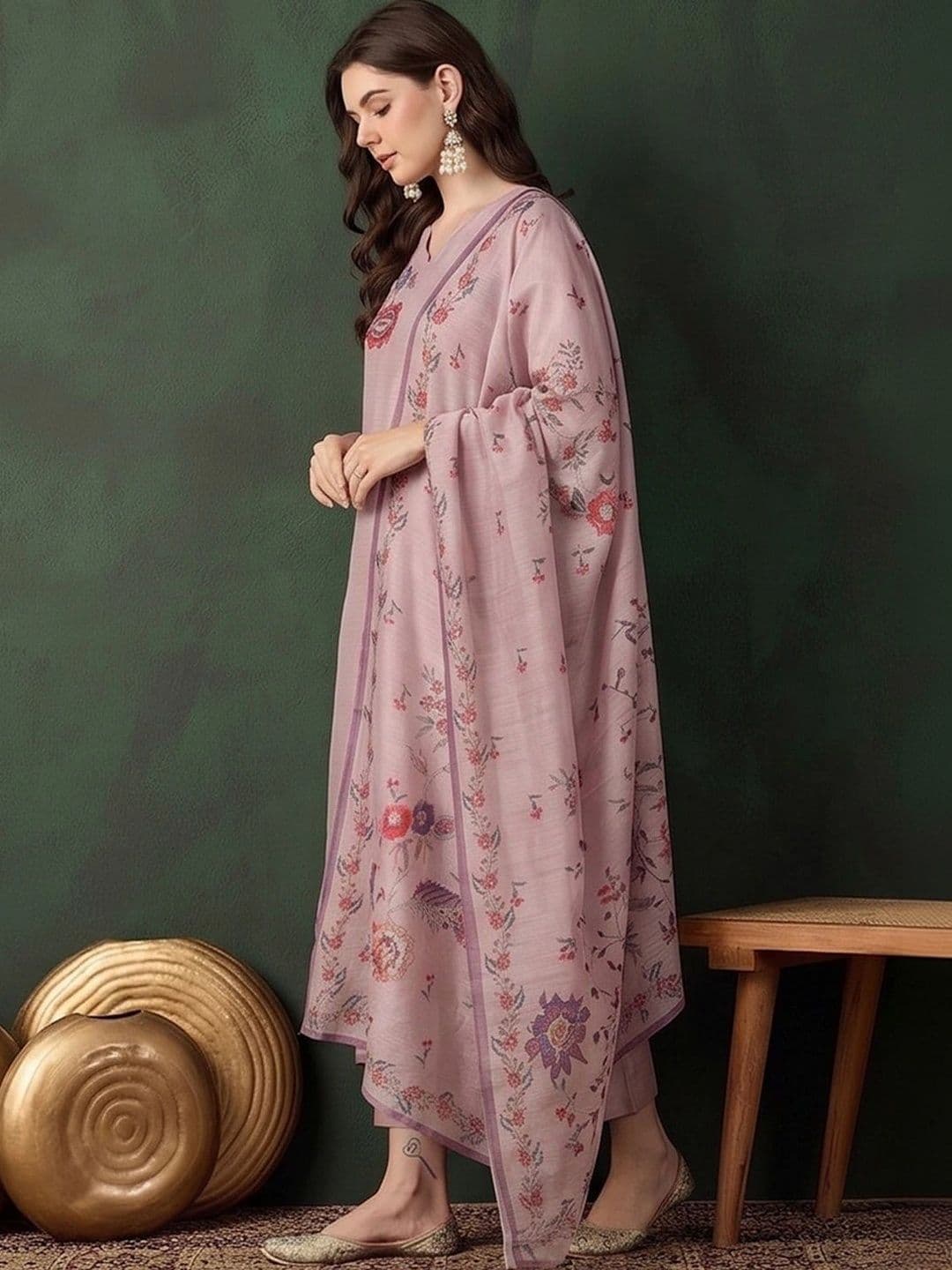 Sangria Women Floral Embroidered Regular Thread Work Chanderi Silk Kurta with Trousers & With Dupatta thumbnail 7