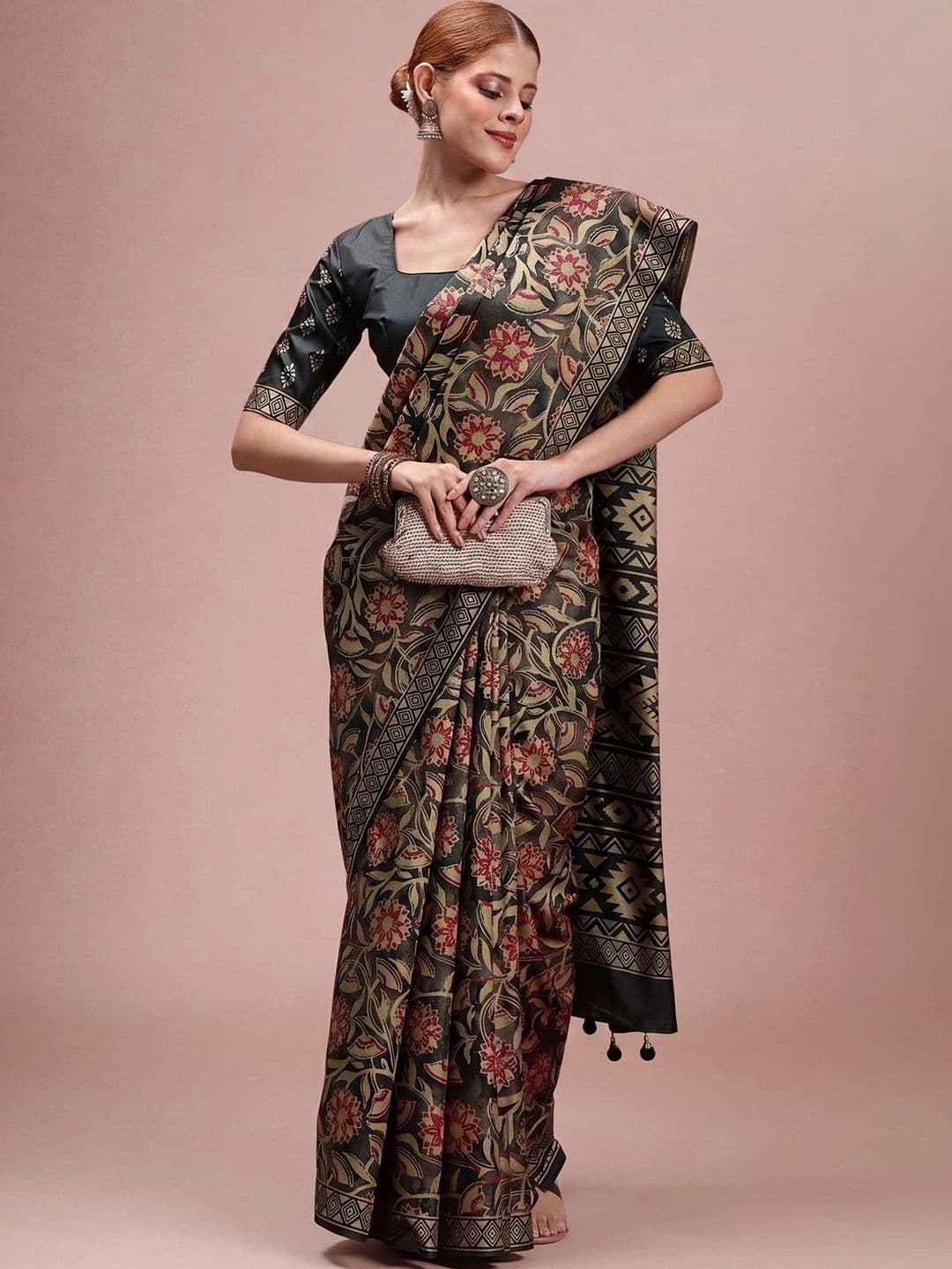 Sangria Floral Silk Blend Designer Block Print Saree - view 1