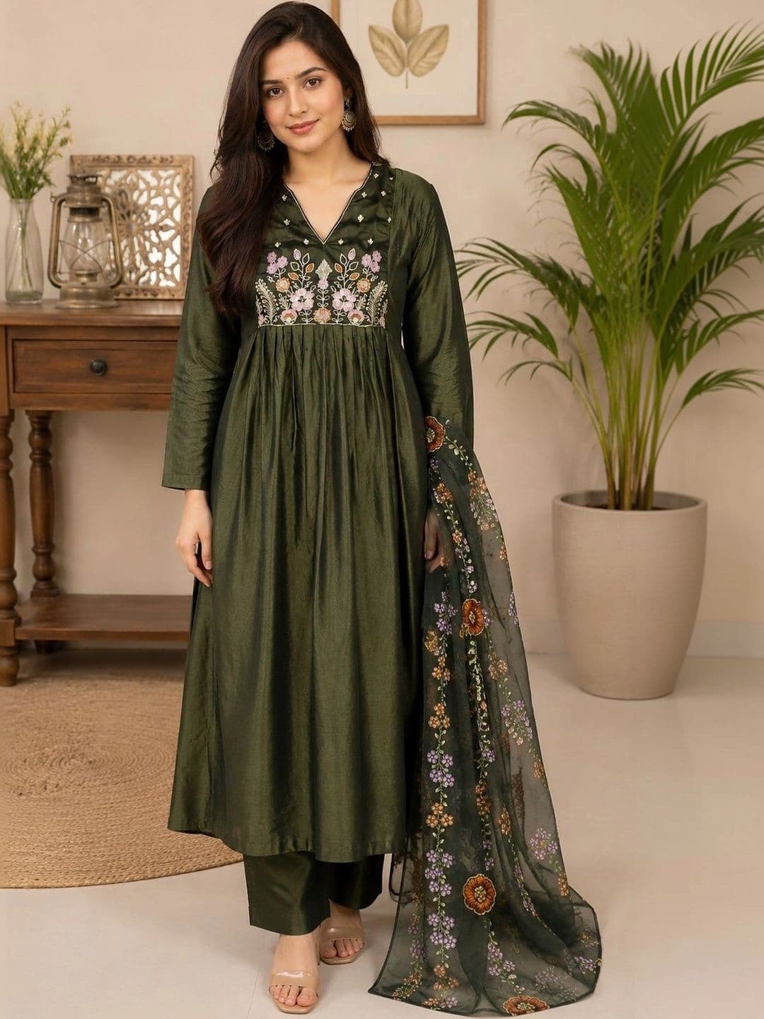 ZARVIKA Women Floral Embroidered Empire Thread Work Kurta with Trousers & With Dupatta thumbnail 7