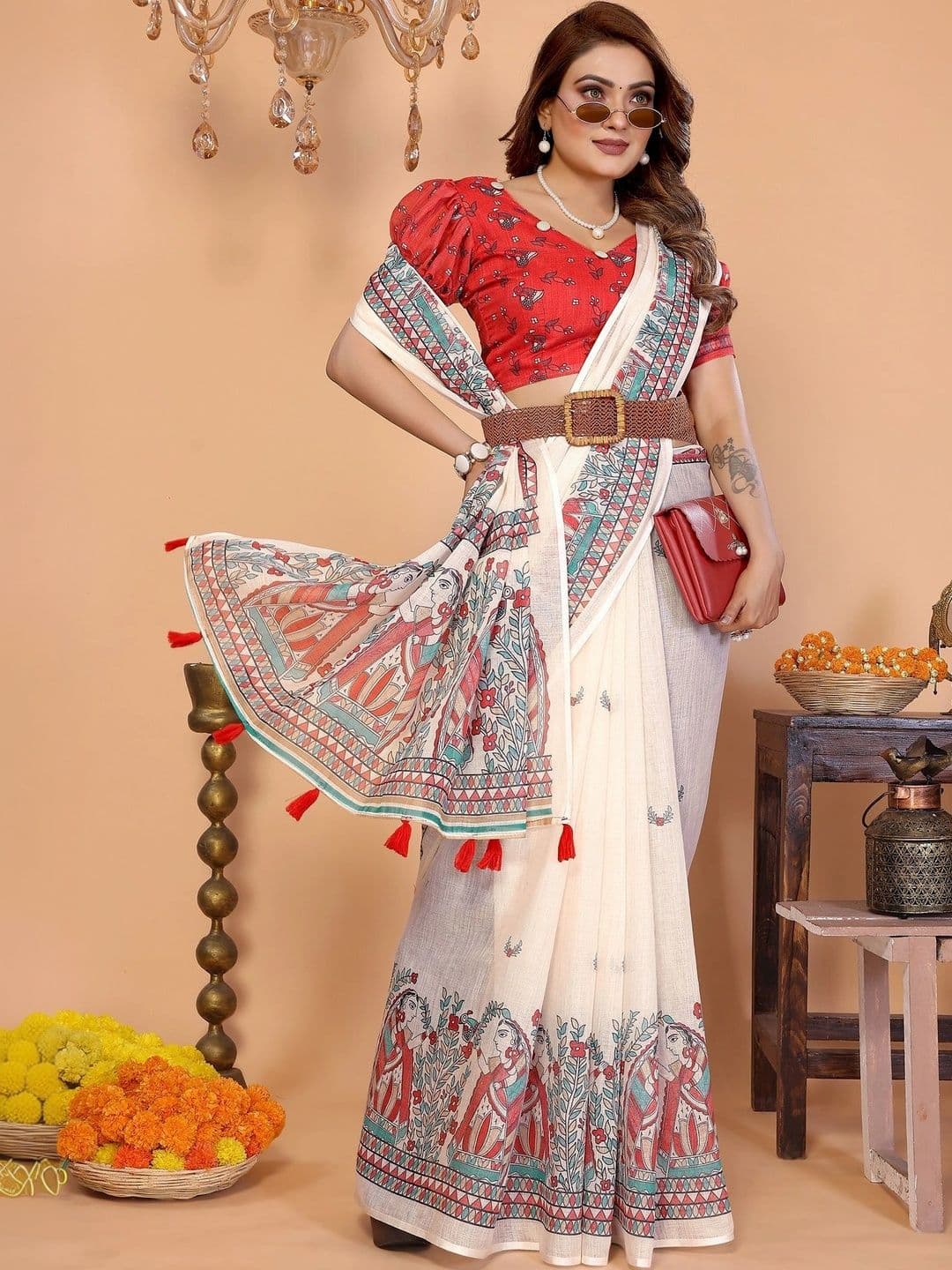 VS MALL Women Kalamkari Linen Blend Saree thumbnail 2