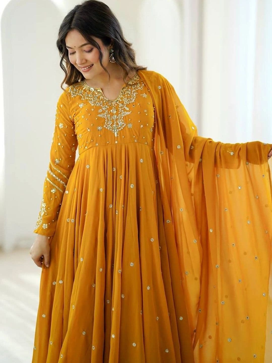 NORAFLEX Women Ethnic Motifs Embroidered Empire Gotta Patti Silk Georgette Kurta with Trousers & With Dupatta thumbnail 6