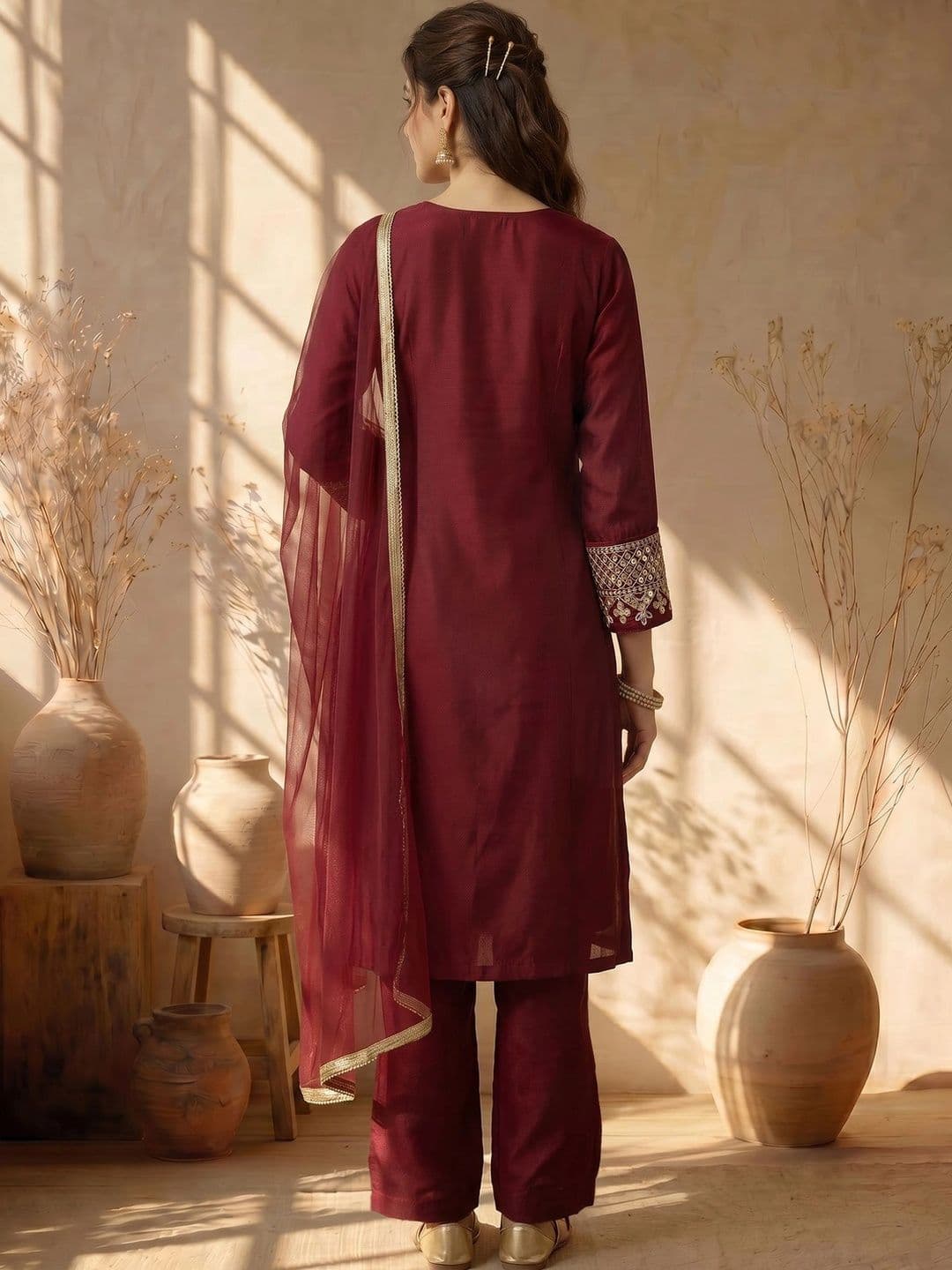 AVANSHEE Women Ethnic Motifs Embroidered High Slit Kurta with Trousers & With Dupatta thumbnail 5