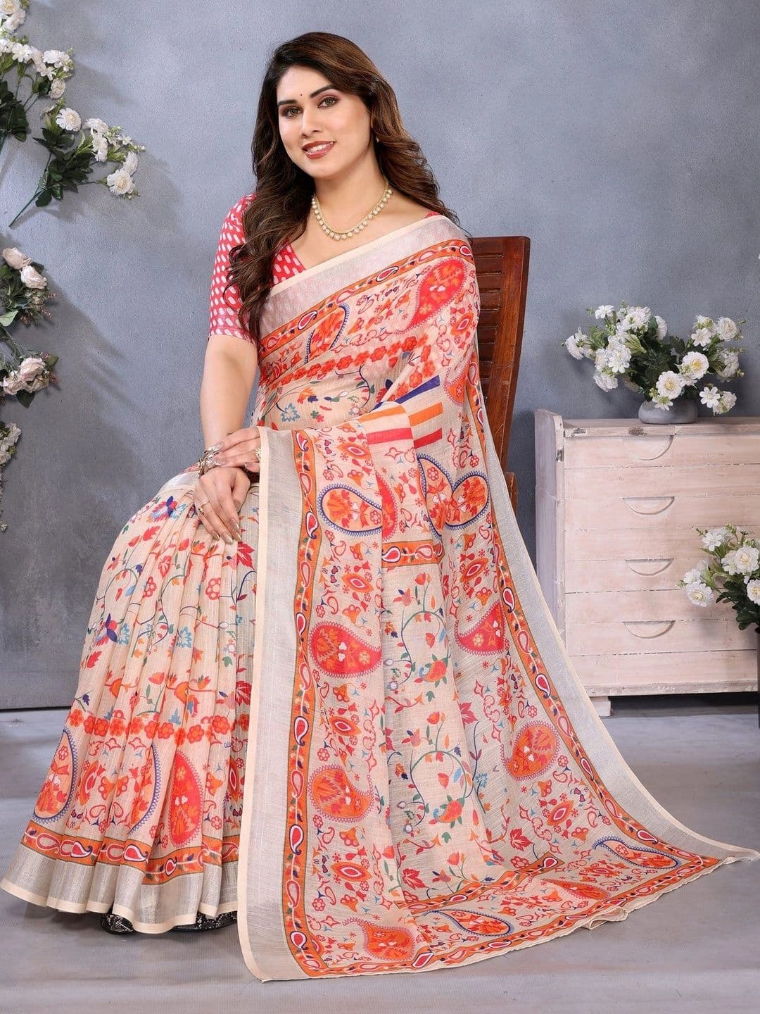 VS MALL Paisley Linen Blend Saree thumbnail 4