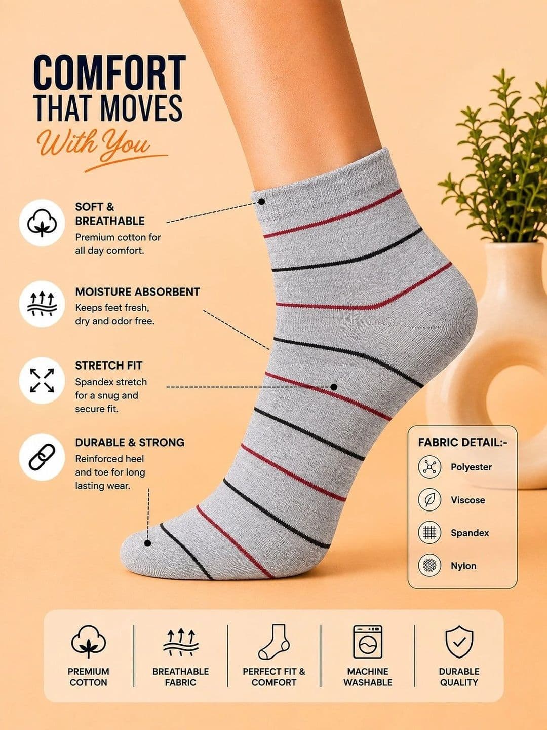 ADDOSSO Men Pack of 3 Cotton Assorted Striped Ankle Length Socks thumbnail 3