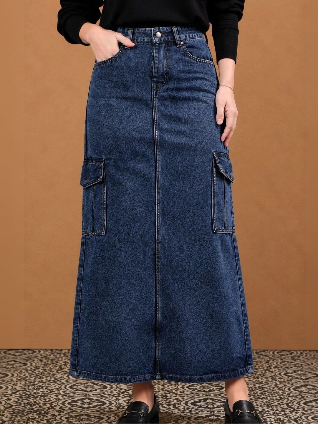 all about you Women Denim Self Design Cargo Styles Side Slit Maxi Straight Skirt thumbnail 2