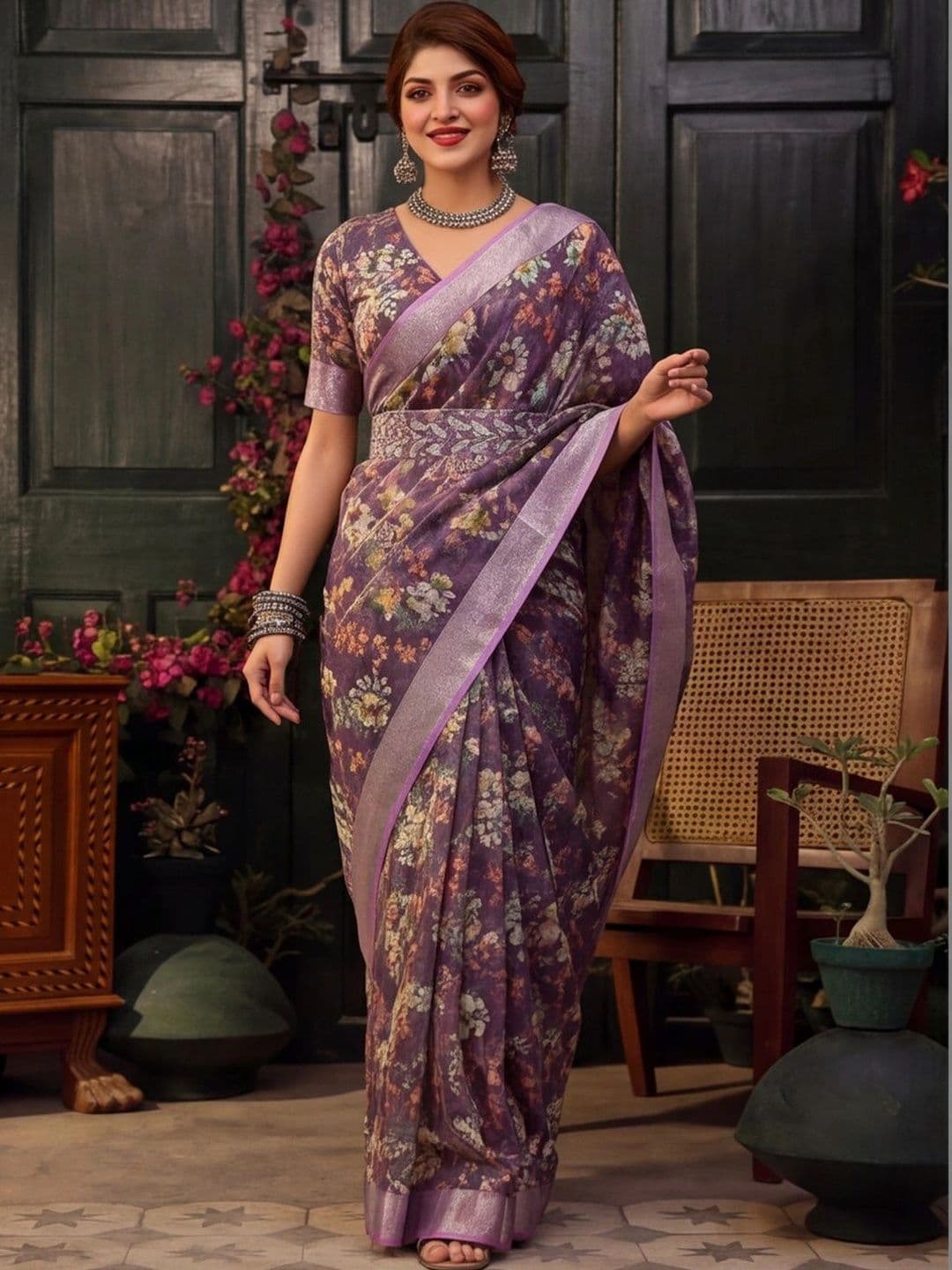 Mitera Floral Zari Silk Cotton Fusion Saree - view 1