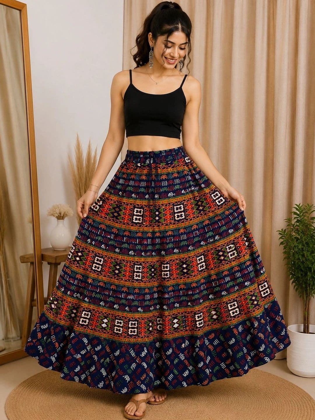 HIMCARE Women Cotton Cambric Geometric Tribal or Aztec Print Maxi Flared Skirt - view 1