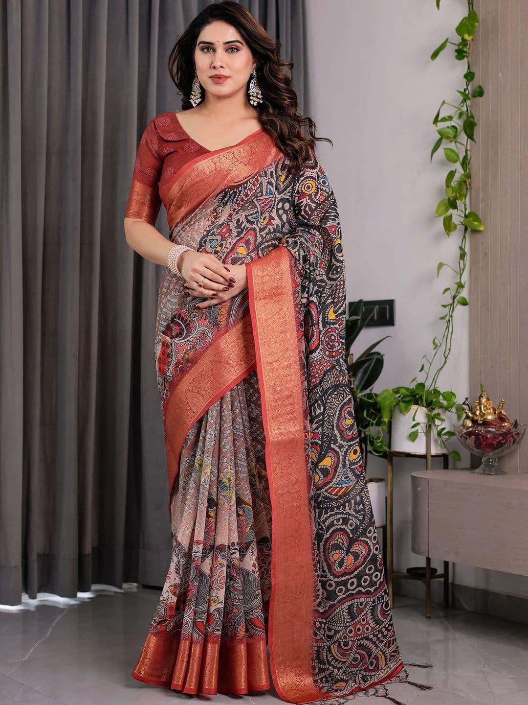 VS MALL Kalamkari Zari Linen Blend Saree - view 1