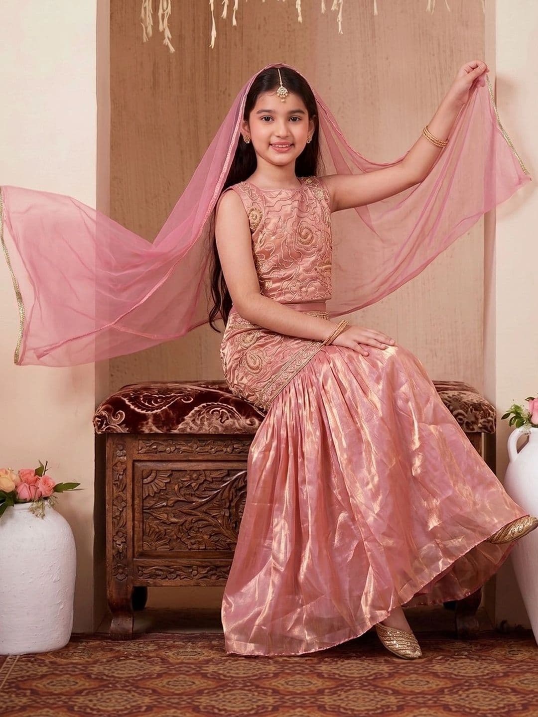 FASHION DREAM Girls Embroidered Thread Work Ready to Wear Lehenga & Blouse With Dupatta thumbnail 4