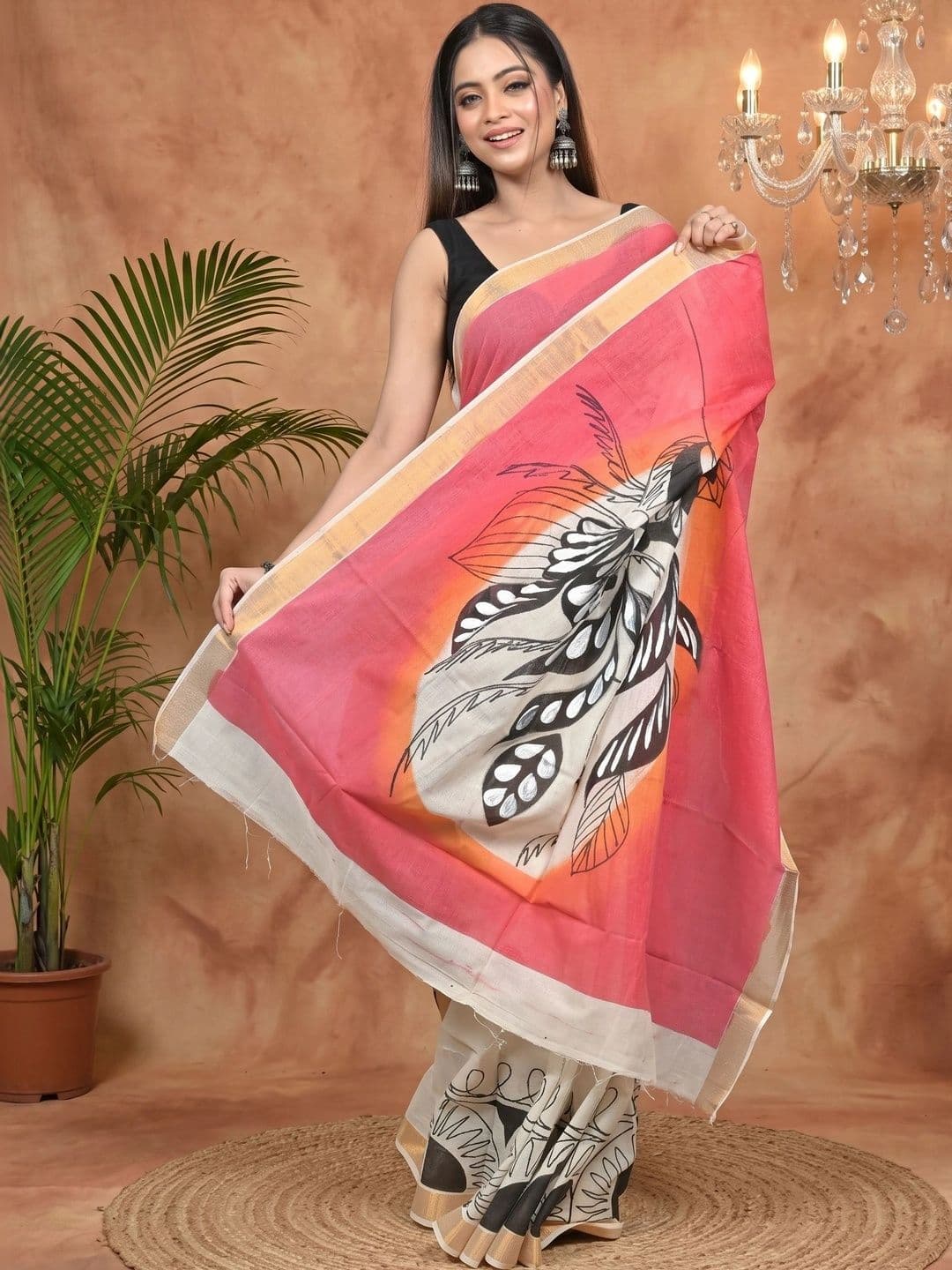 PuJoy Ethnic Motifs Sequinned Pure Cotton Handloom Taant Saree - view 1