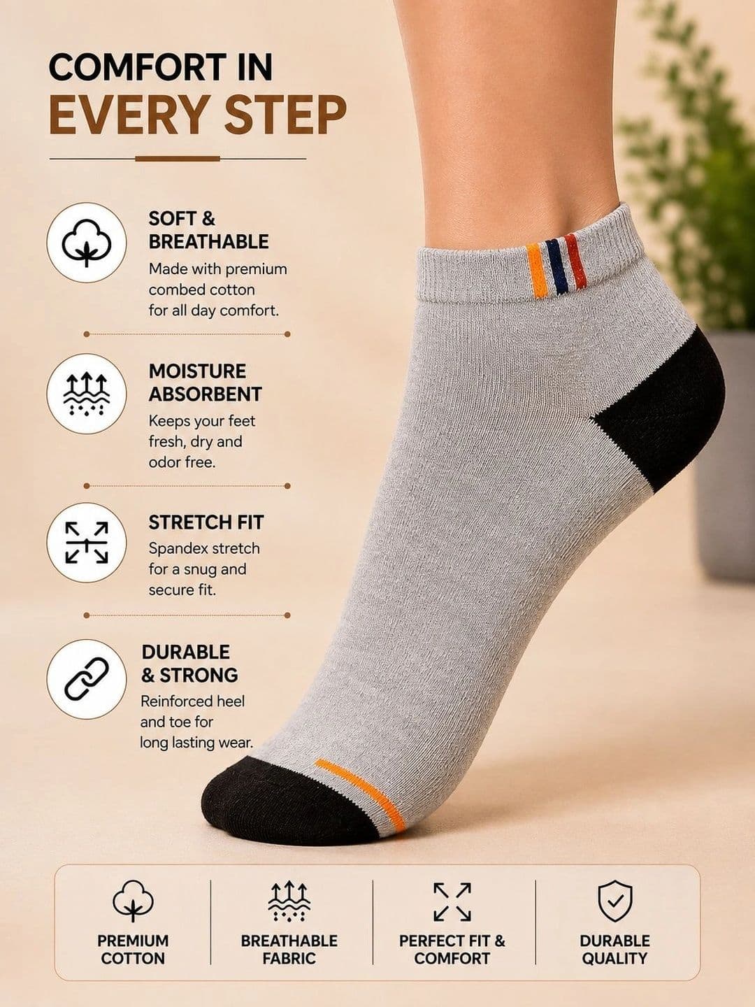 ADDOSSO Men Pack of 10 Cotton Assorted Colourblocked Ankle Length Socks thumbnail 5