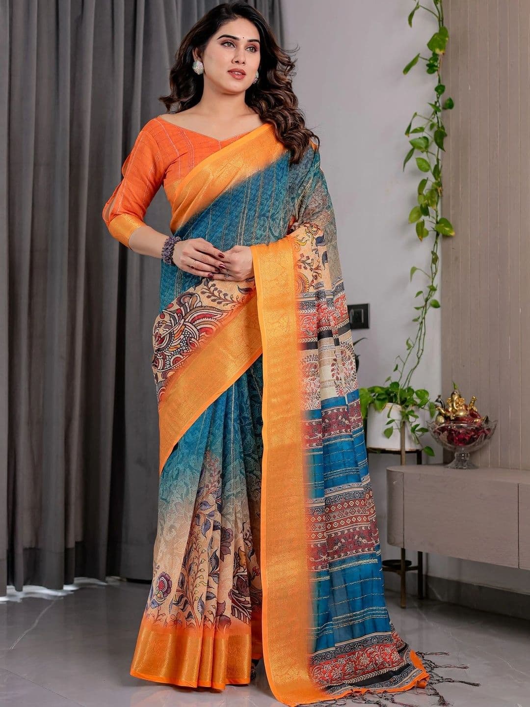 VS MALL Floral Linen Blend Saree - view 1