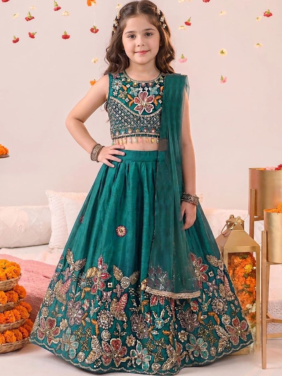 FASHION DREAM Girls Embroidered Sequinned Ready to Wear Lehenga & Blouse With Dupatta - view 1
