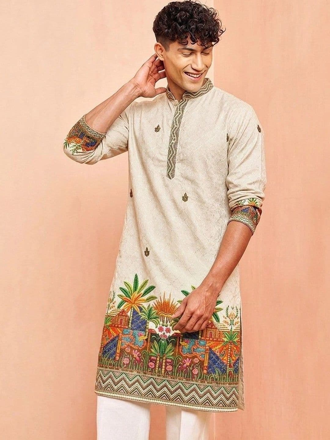 VELKYNOX Men Ethnic Motifs Embroidered Thread Work Kurta - view 1