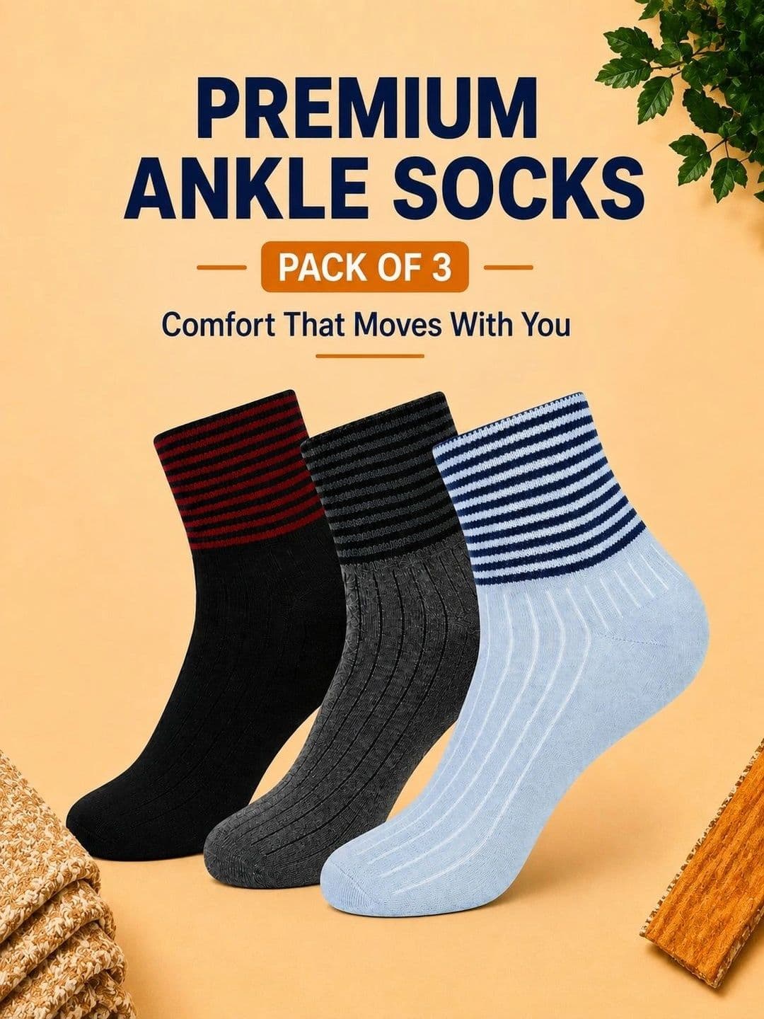 ADDOSSO Men Pack of 3 Cotton Assorted Striped Ankle Length Socks thumbnail 2