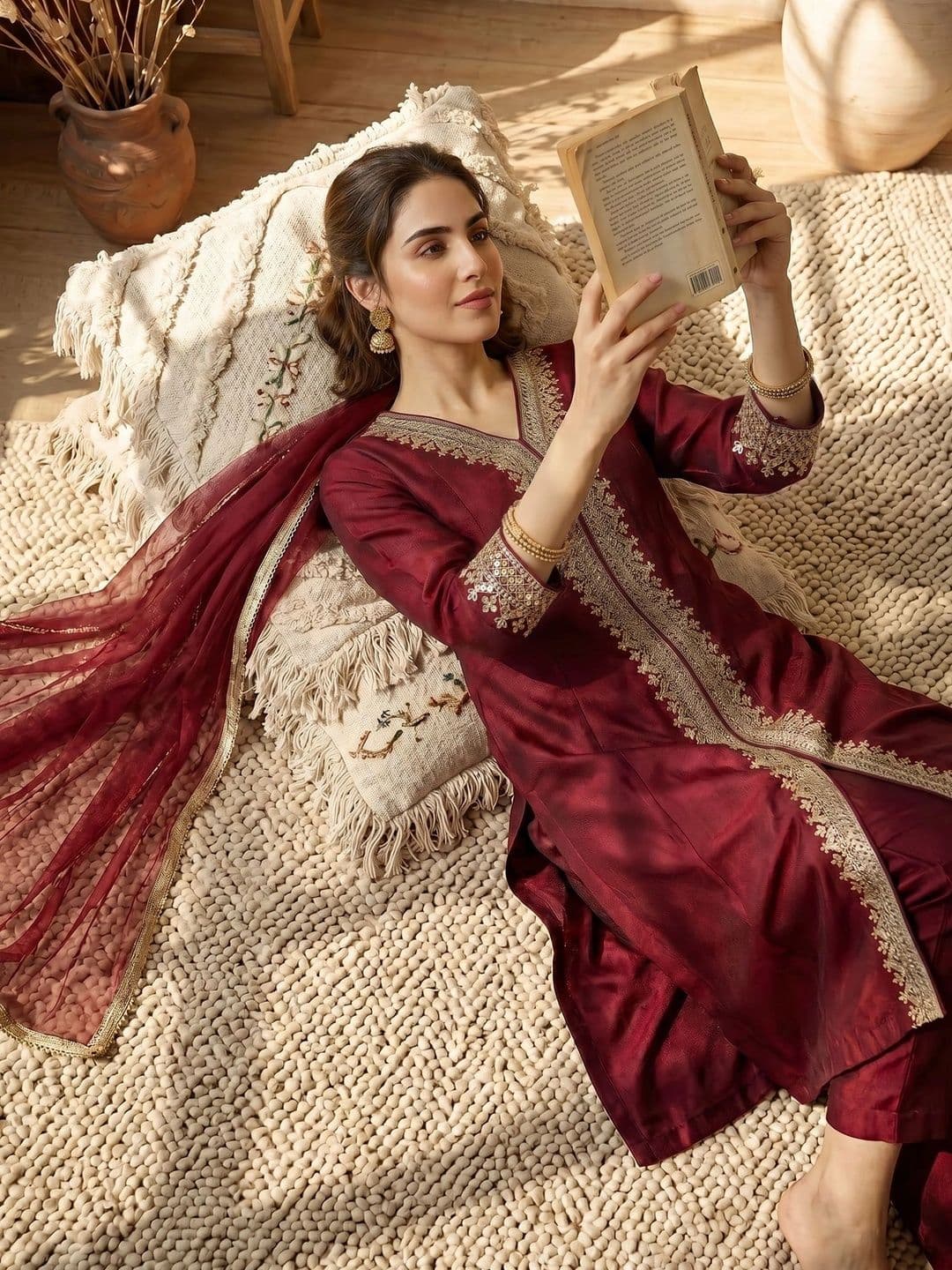 AVANSHEE Women Ethnic Motifs Embroidered High Slit Kurta with Trousers & With Dupatta thumbnail 3